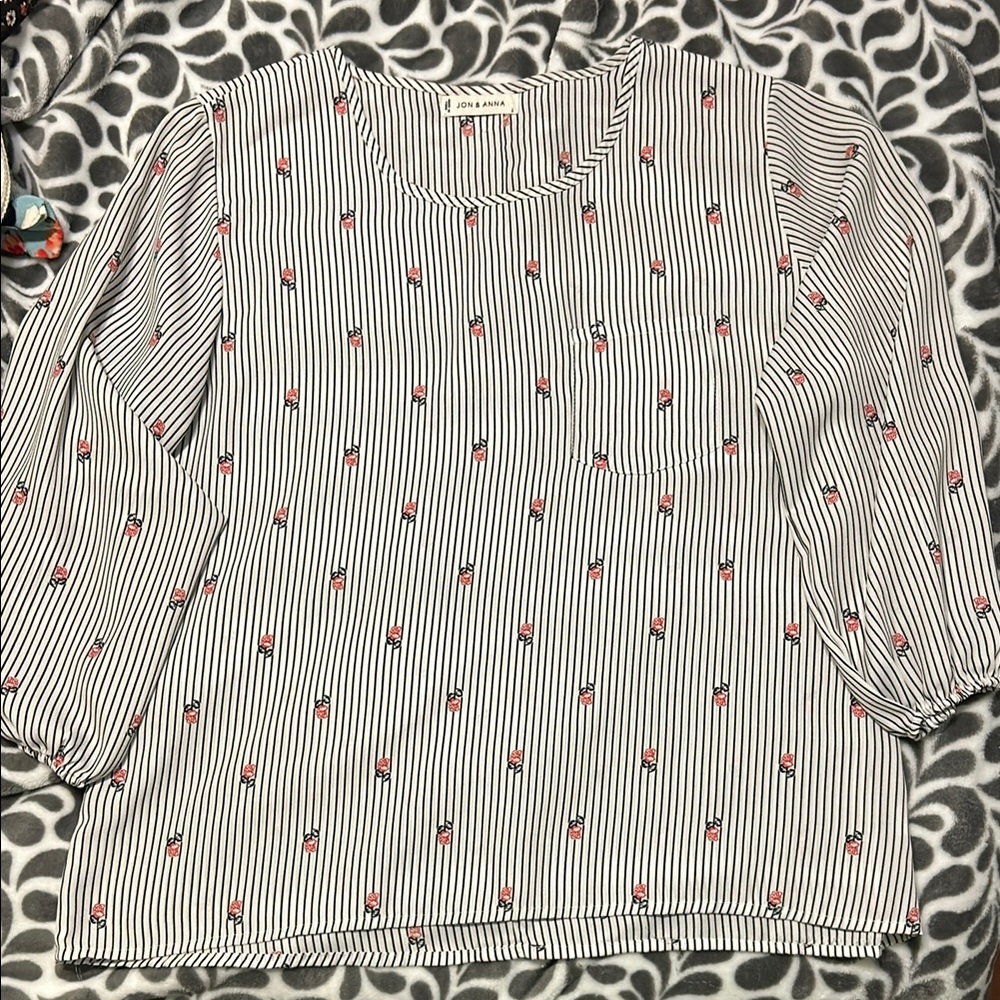 Black and White Striped Blouse with Red Details